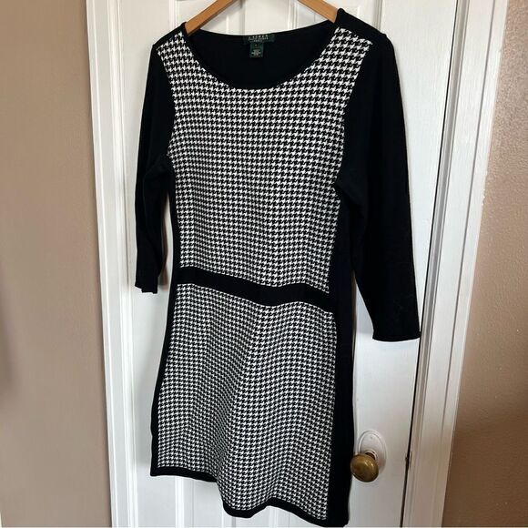 Lauren Ralph Lauren Women's Black Knit Houndstooth 3/4 Sleeves Sweater Dress (L) - Picture 7 of 8